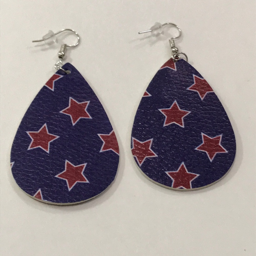 🆕 Blue w/Red Stars Faux Leather Earrings